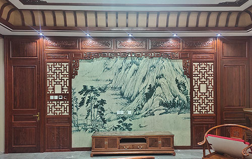 漳平中式仿古别墅客厅背景墙花格木作装饰
